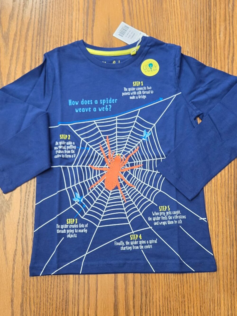 New Mini Boden Halloween spider web fact educational shirt. 7-8. Glows in Dark.